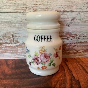 Vintage milk glass coffee jar container white w/ floral flowers
